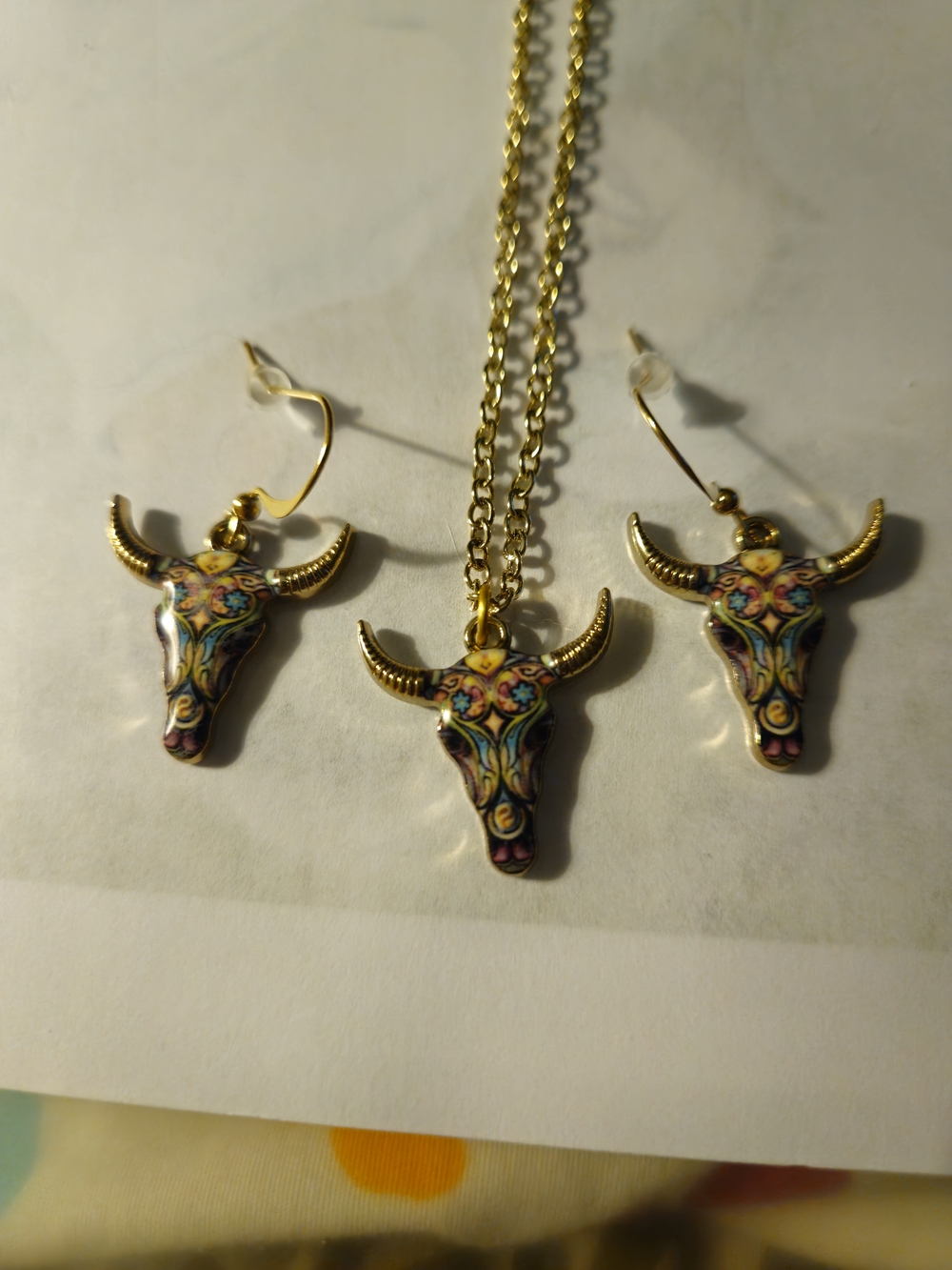Gold-Tone Bull Skull Pendant Necklace & Earring Set - Multicolor Enamel